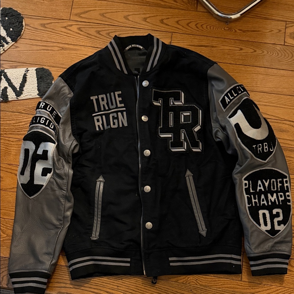 True Religion Men's Black gray leather Varsity Jacket XL